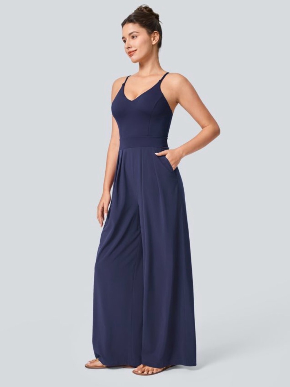 HALARA Navy Wide Leg Jumpsuit with Spaghetti Straps